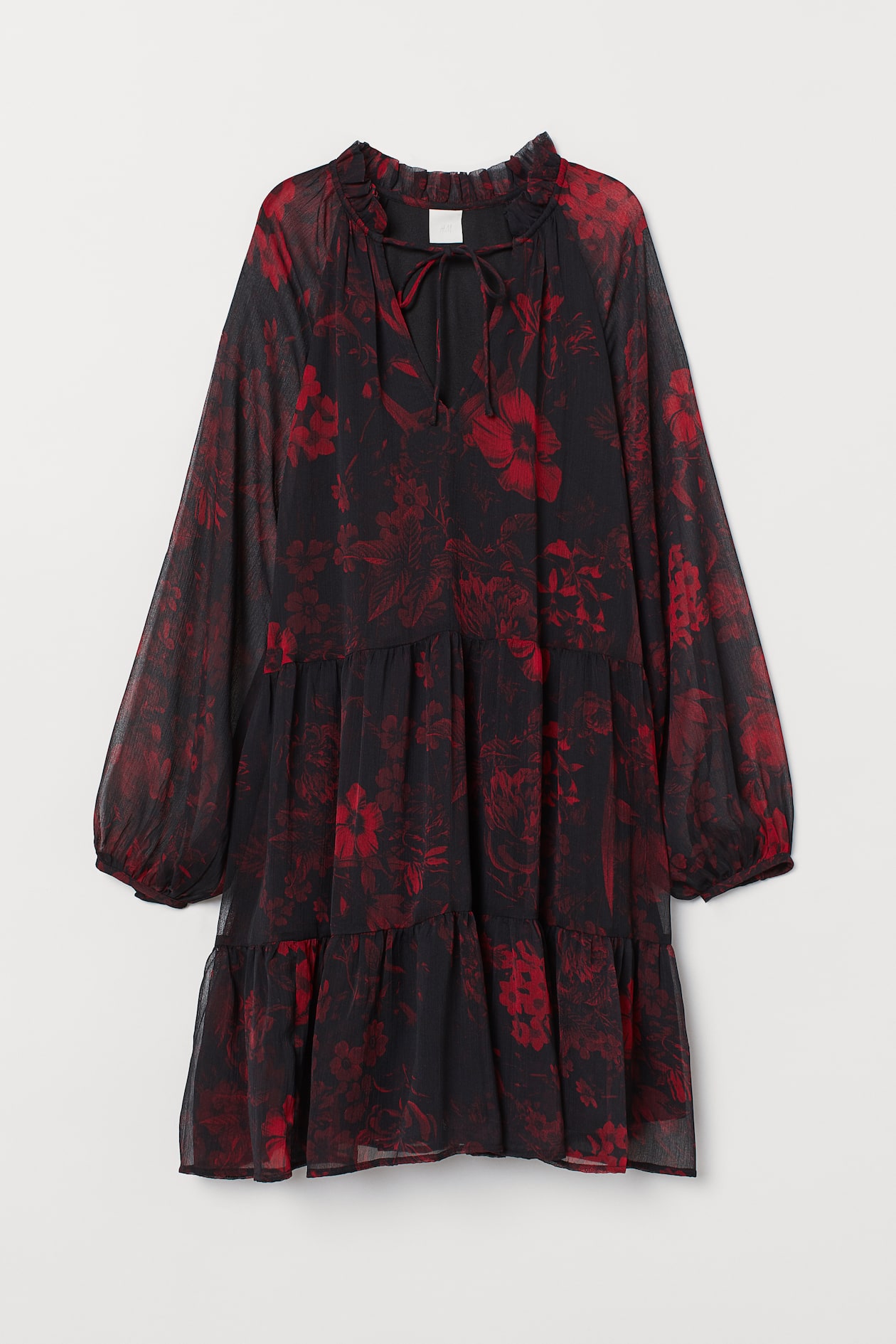 Balloon-sleeved dress - V-neck - Long sleeve - Black/Red floral 