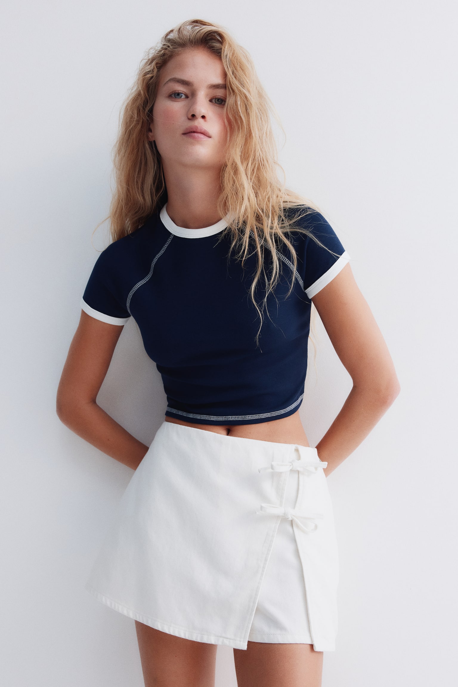 Cropped T-shirt - Navy blue/Light blue/White - 4