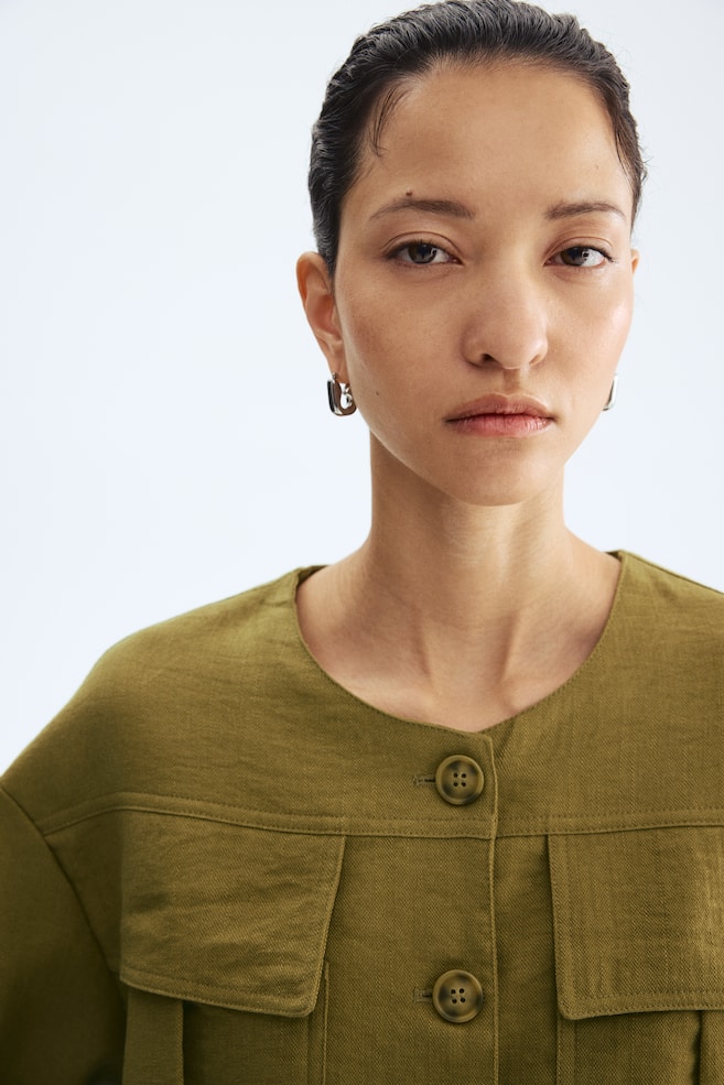Veste sans col - Vert olive/Beige - 5