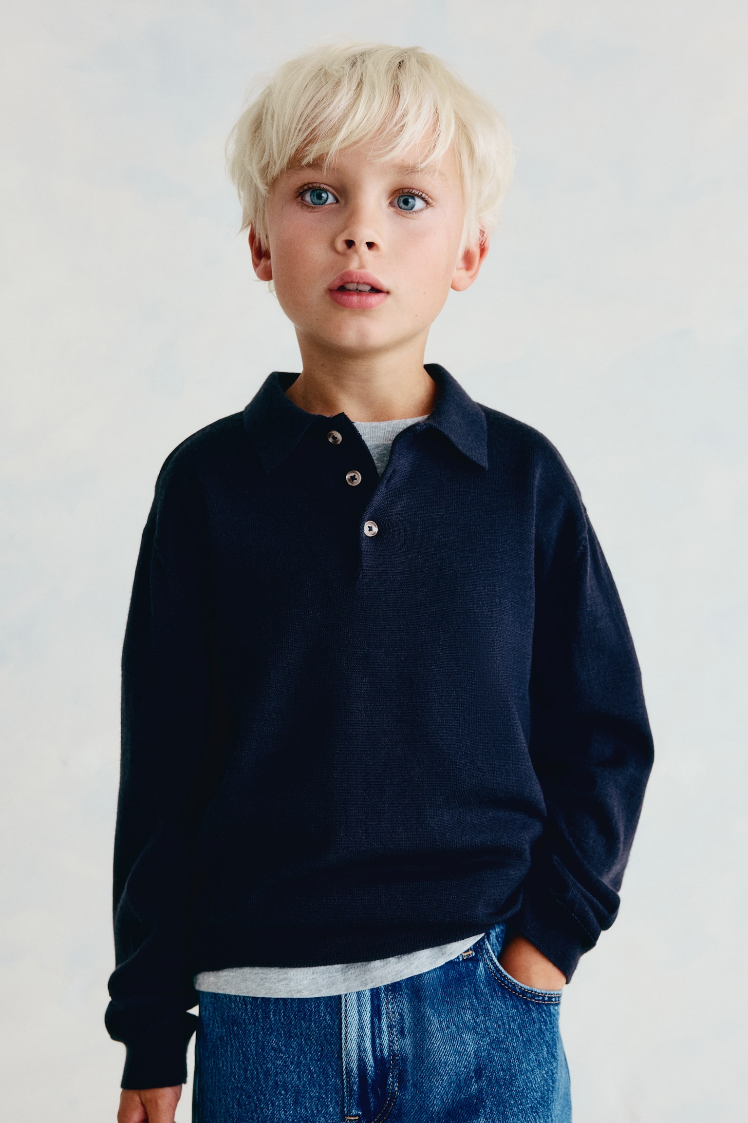 Pull façon polo en maille de laine - Bleu marine - 1