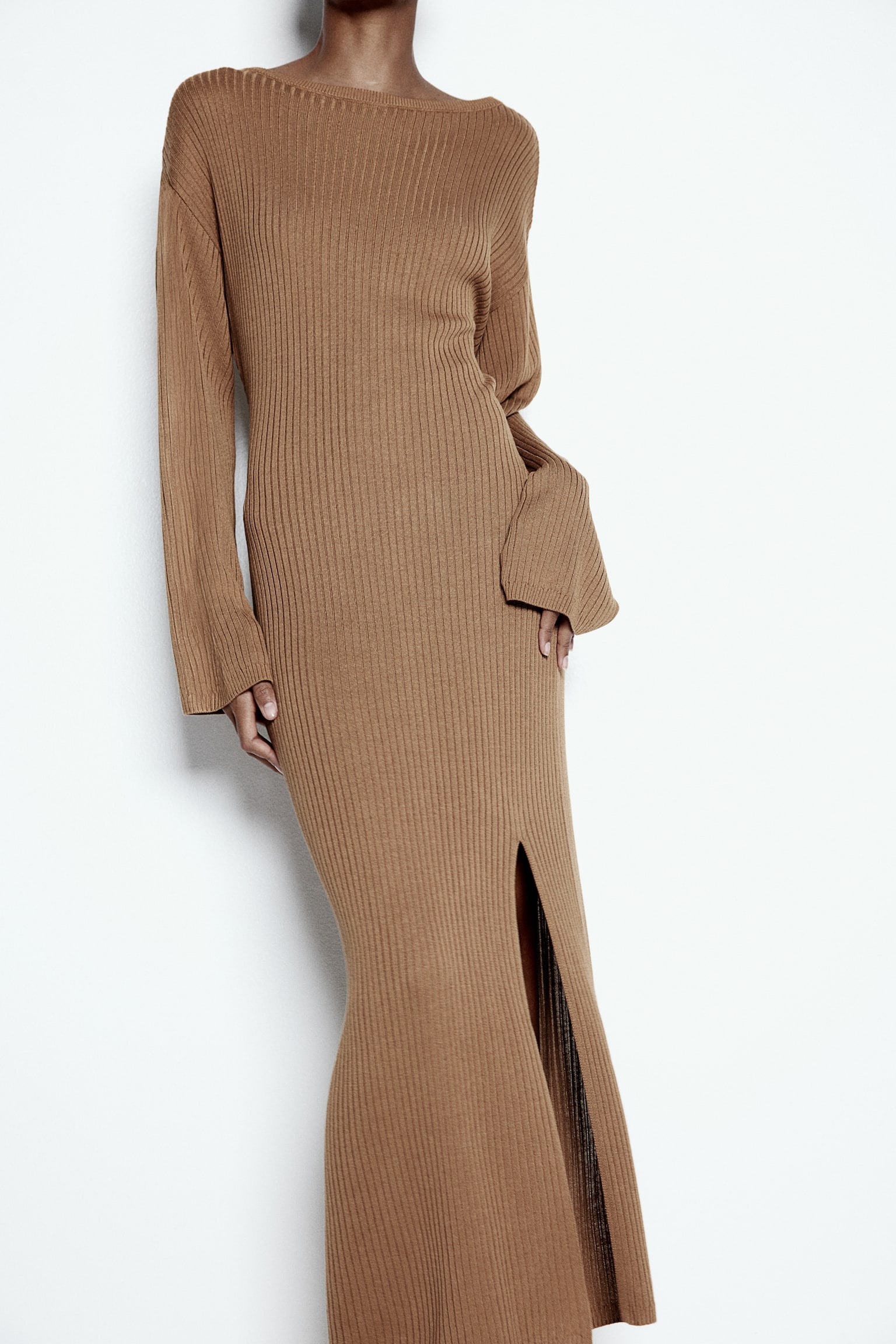 Rib-knit dress - Dark beige/Black/Dark khaki green - 4