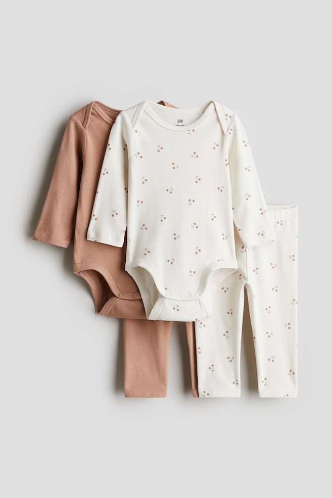 4-piece Cotton Jersey Set - Beige/cherries/Dark gray/hearts - 1
