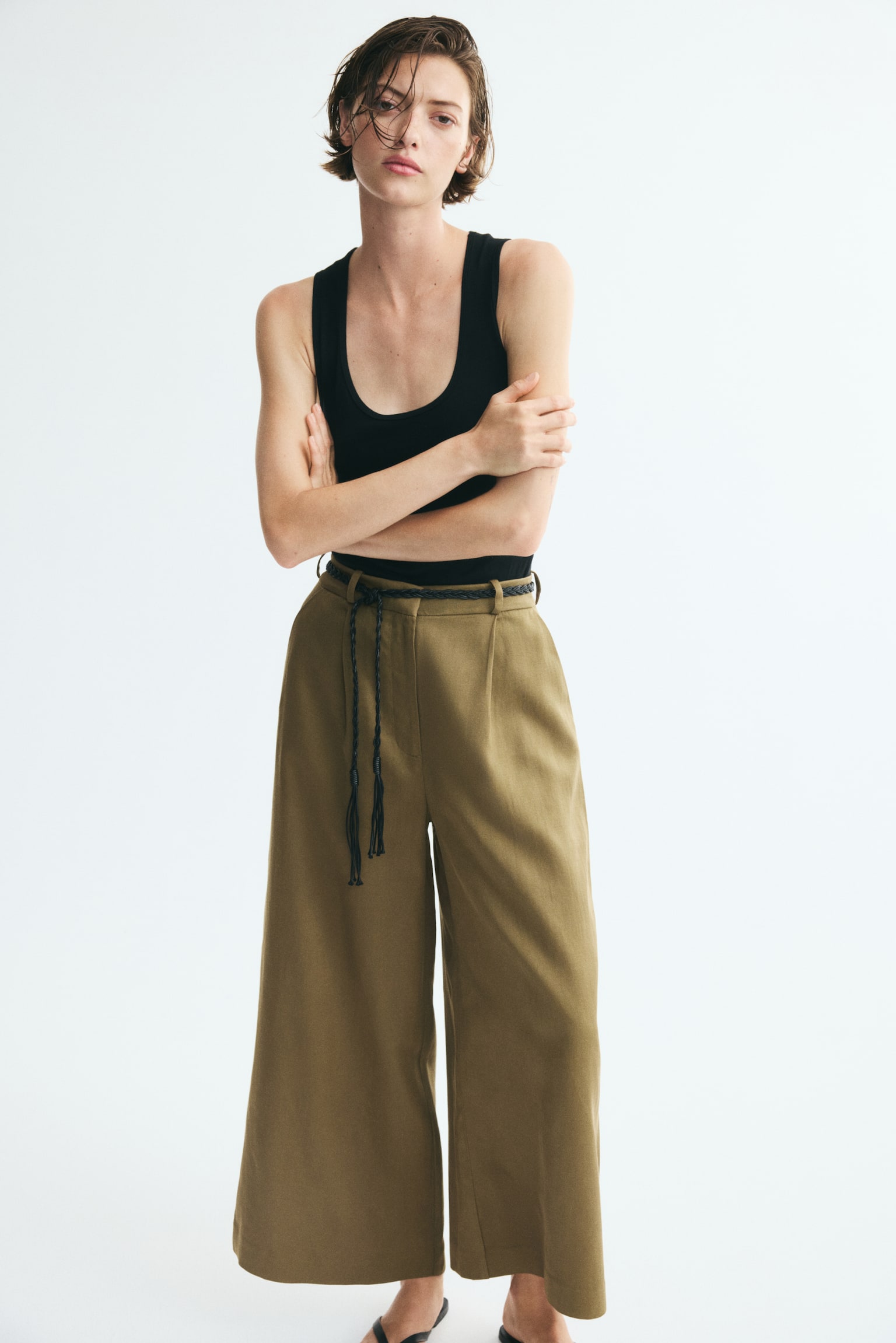 Linen-blend tie-belt trousers - Khaki green/Black - 1