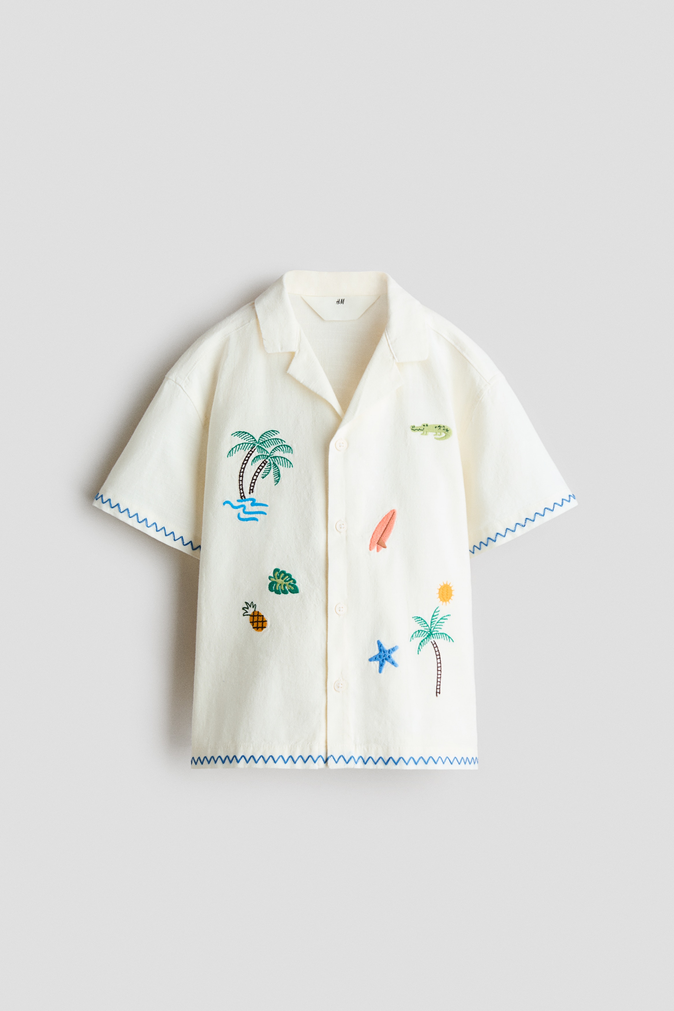 Chemise brodée en coton avec col cubain - Crème/plage