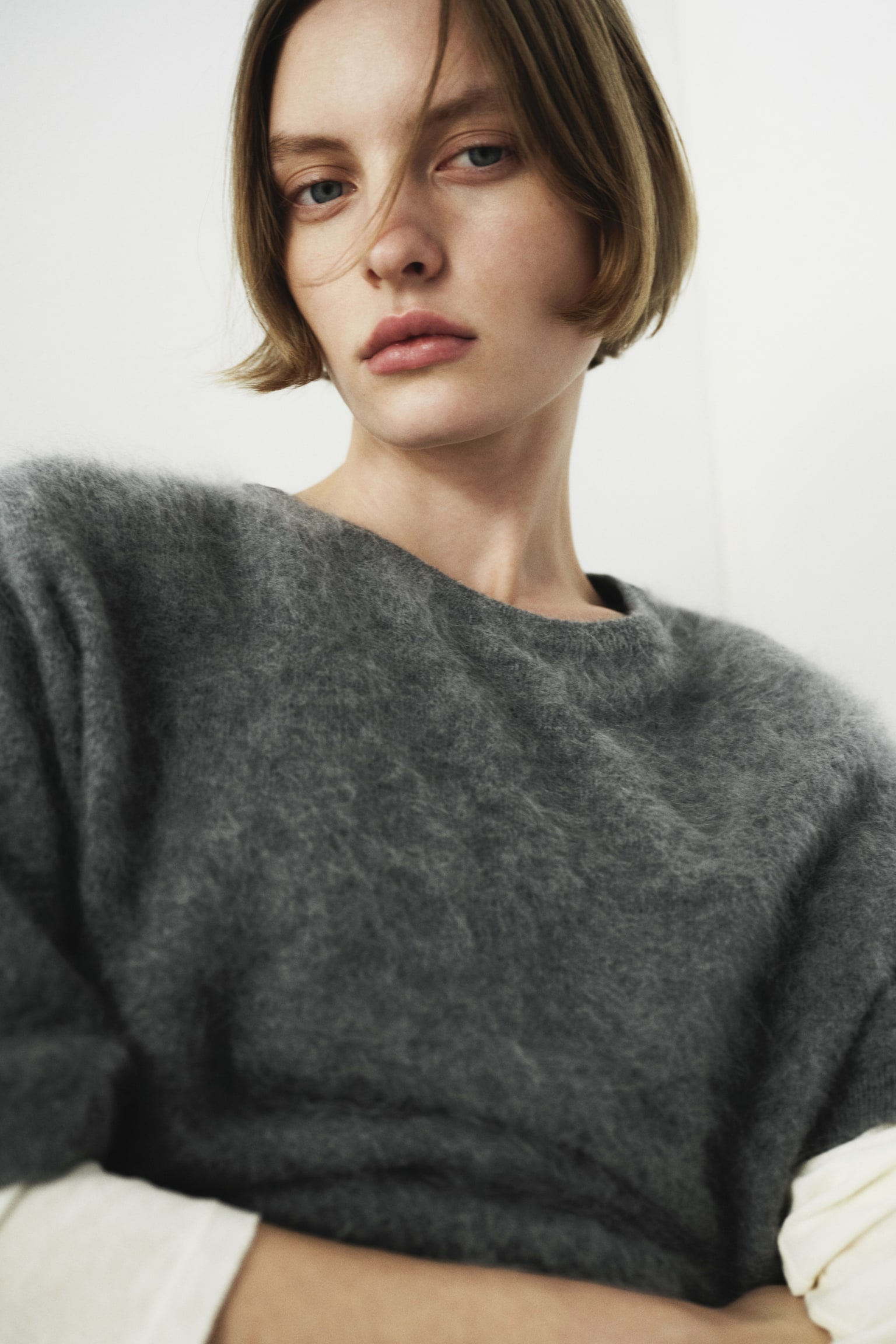 Brushed cashmere top - Grey marl/Dark grey/Cream - 6