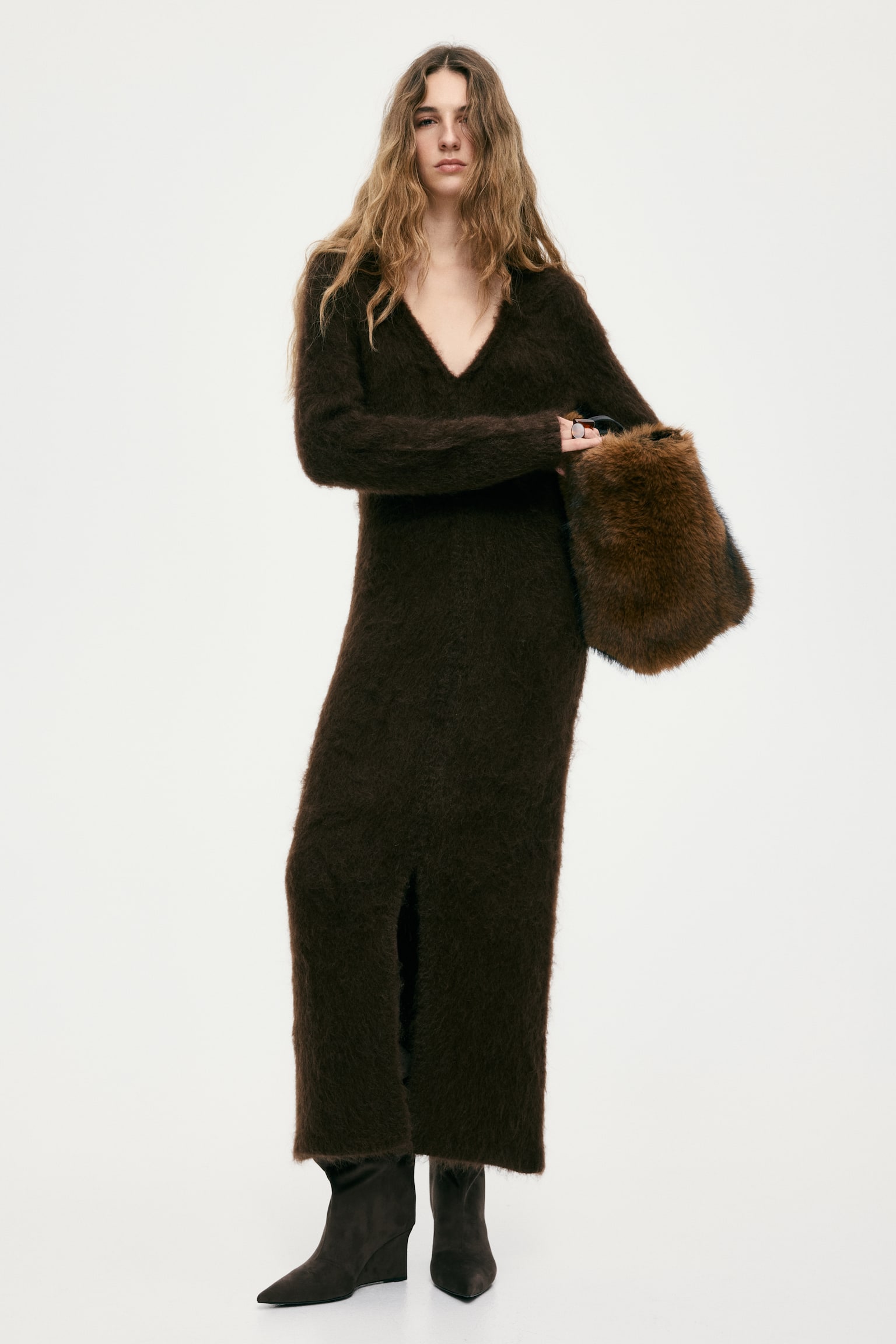 モヘアブレンド オープンバックワンピース - ダークブラウン/Dark grey marl - 3