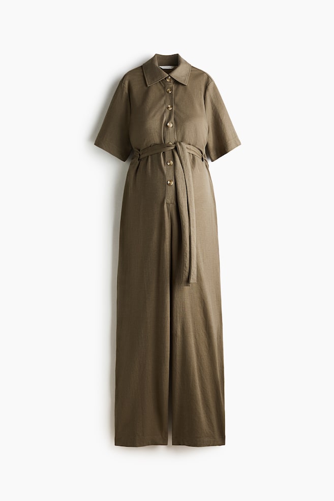 MAMA Short-Sleeved Tie-Belt Jumpsuit - Khaki green - 1