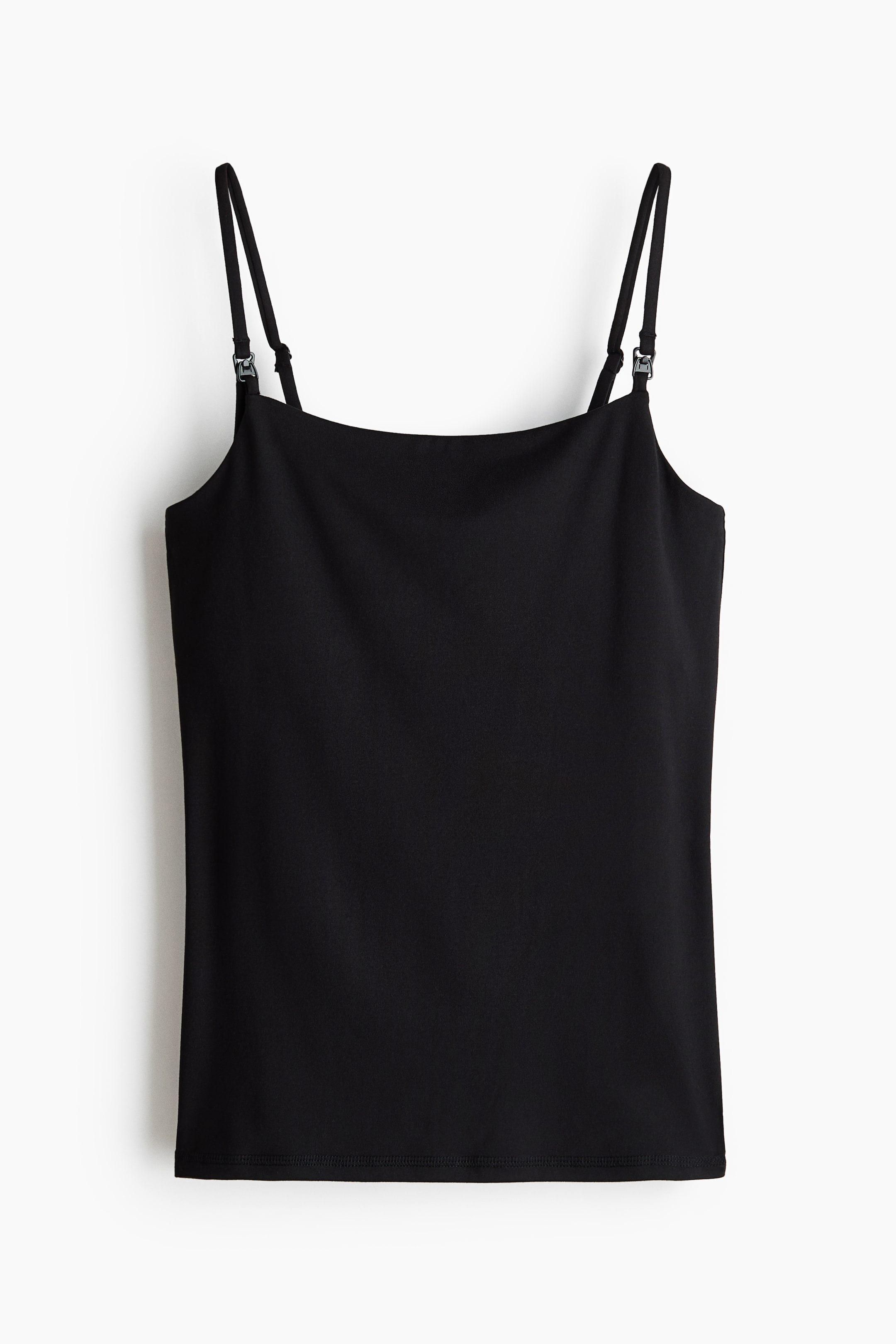 View larger image: A black fitted nursing top is shown from the front, featuring narrow, adjustable shoulder straps with visible nursing clips, and a smooth jersey body.