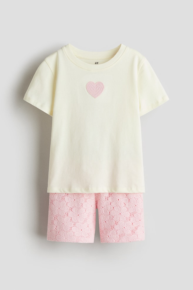 2-Piece Top and Shorts Set - White/pink heart/Navy blue/white butterfly - 1