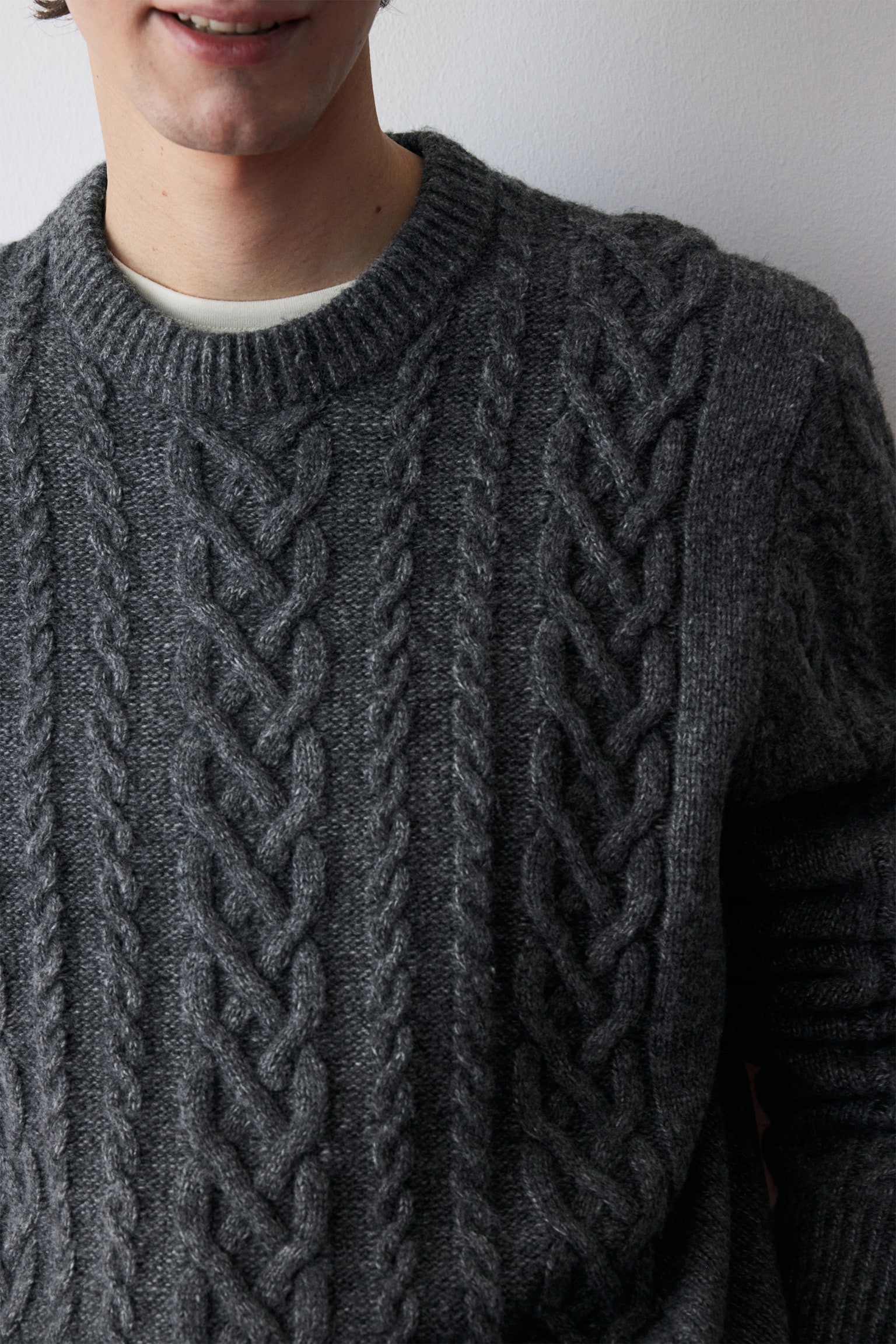 Regular Fit Cable-knit jumper - Dark grey marl/Cream - 7