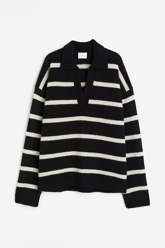 Fine-knit collared jumper - Black/Striped/Light beige marl/Light beige/Striped/Dark grey - 2