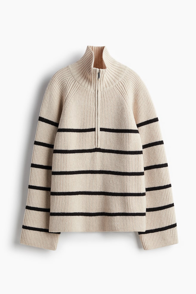 Zip-top rib-knit jumper - Light beige/Striped/Cream - 1