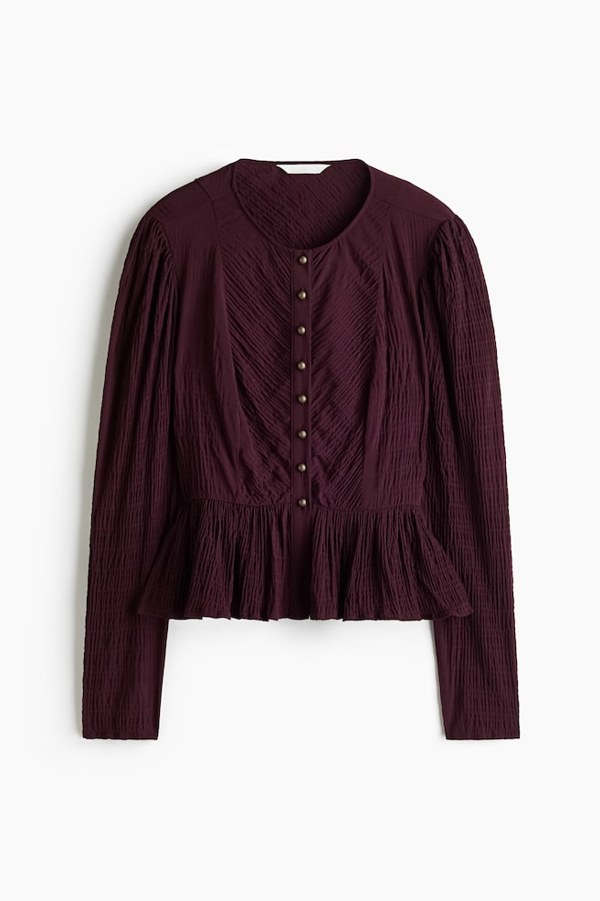 Blouse péplum en tissu texturé - Rouge prune foncé/Noir - 1