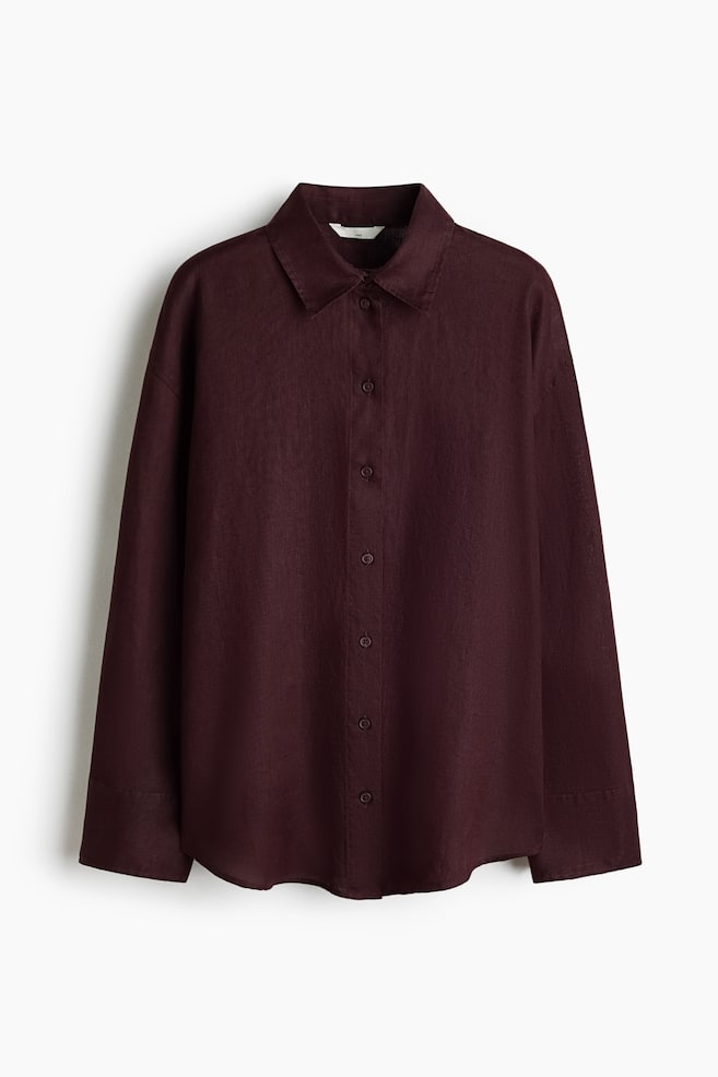 Oversized linen shirt - Dark brown/Dusty pink - 1