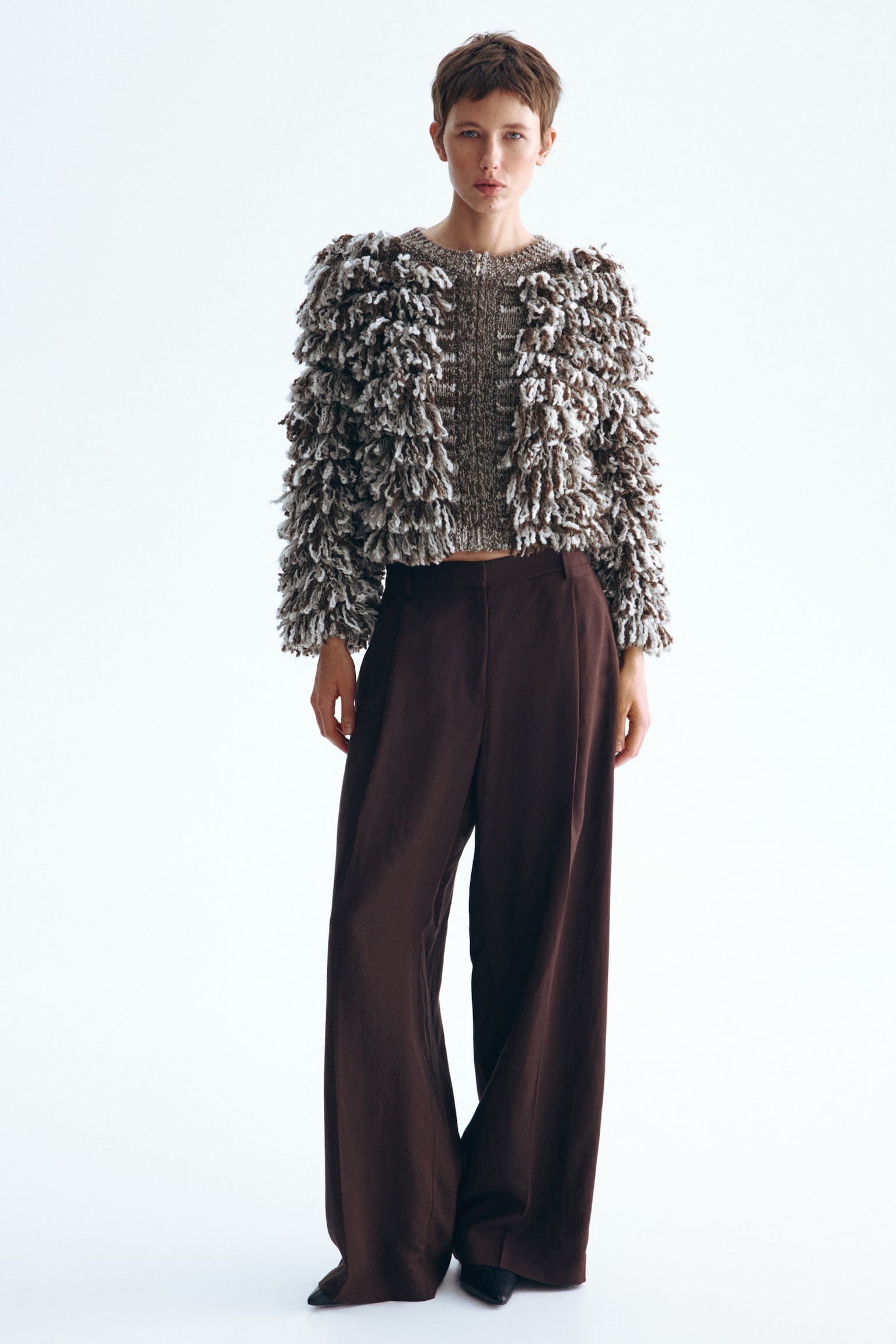 В’язаний кардиган букле - Коричневий/білий - 5