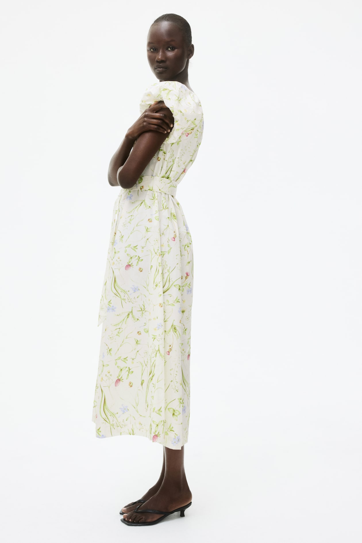 Puff Sleeve Poplin Dress White/Floral Ladies H&M AU