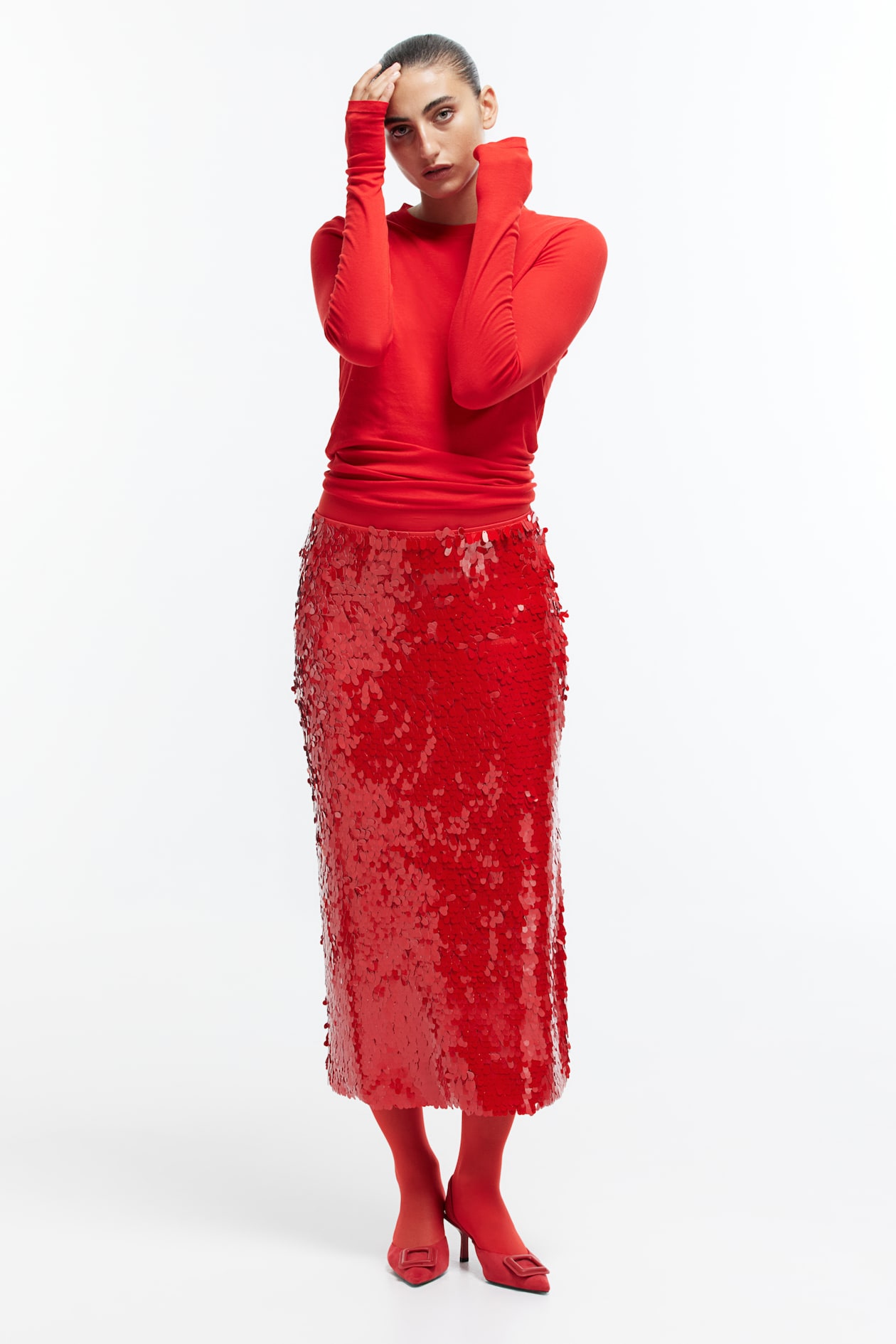 Sequined midi skirt Bright red Ladies H&M