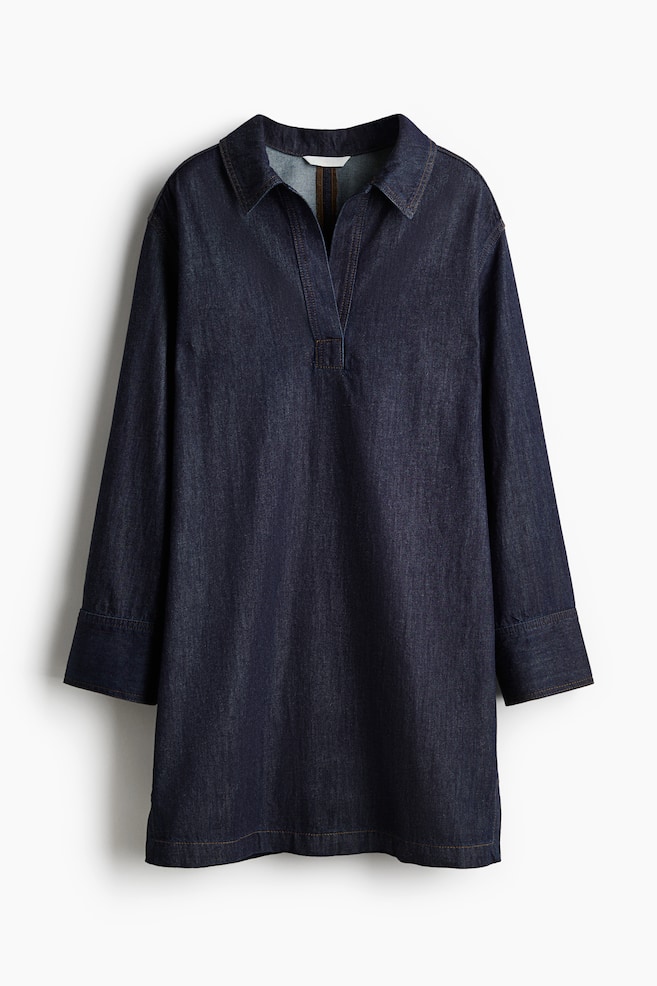 Denim Dress with Collar - Dark denim blue - 1