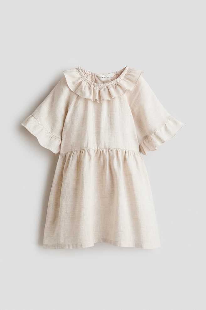 Linen Dress with Ruffle Collar - Light beige/Coral red - 1