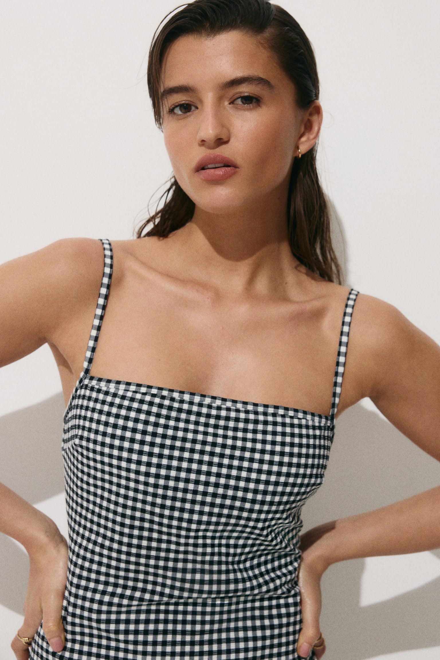 Padded-cup High Leg swimsuit-Black/Gingham check - 4