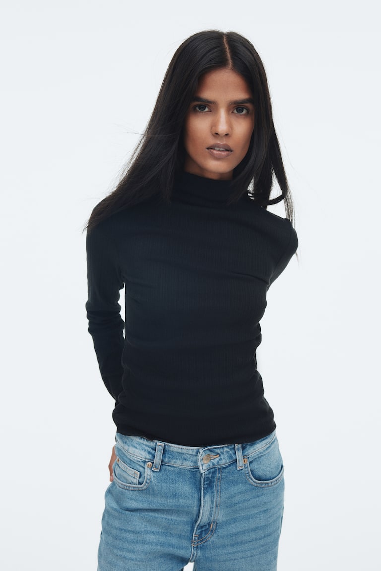 Ribbed turtleneck top Black Ladies H&M IN