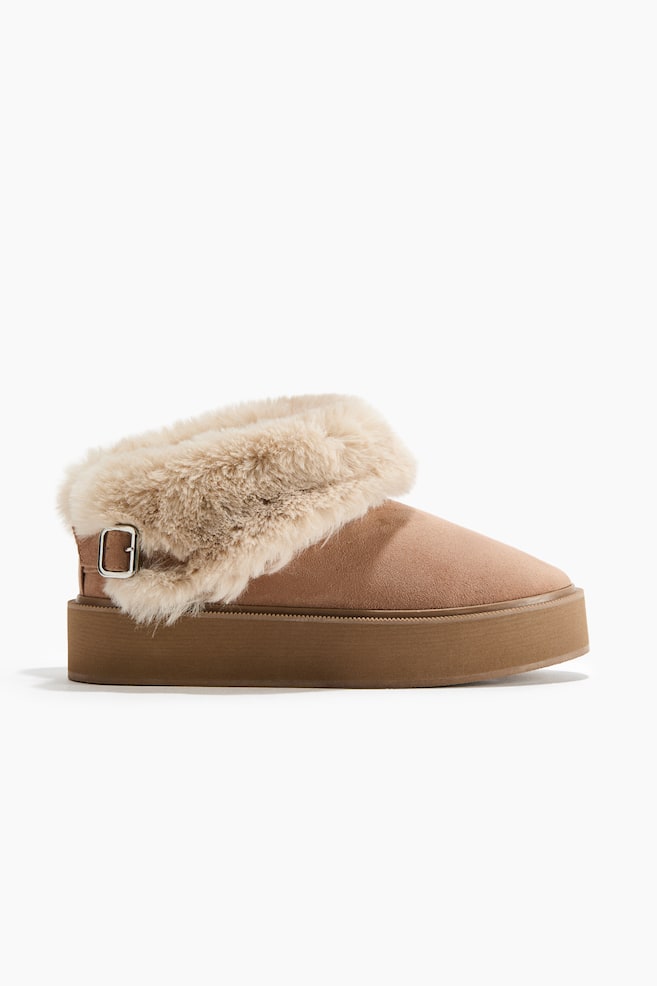 Warm-Lined Flatform Boots - Beige/Brown - 1