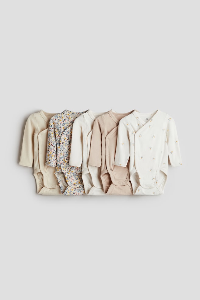 5-pack wrapover bodysuits - Light beige/Floral/Light pink/Floral/Dusty pink/Floral/Cream/Strawberries/Light dusty pink/Patterned/Light dusty pink/Floral/Dusty pink/White/Beige marl/Mole/White/Giraffes/White/Giraffes/Turquoise/Teddy bears/Dusty pink/Cherries/Dusty blue/Khaki green - 1