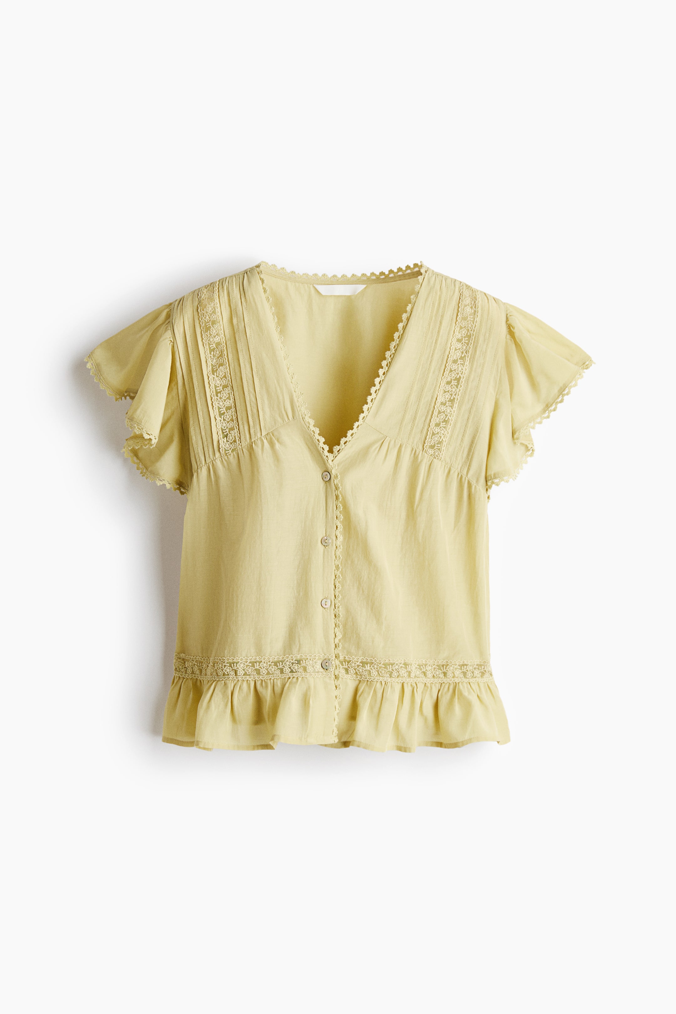 View larger image: Showcased FRONT, this light yellow airy weave blouse features a deep V-neckline with lace trim and vertical pintucks on the upper chest. It also highlights a button-down front, short butterfly sleeves with ruffled edges, and a ruffled hem, while lace insets detail the neckline, front, and hem.