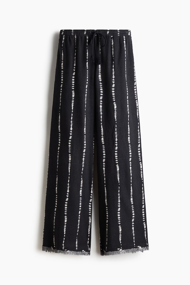 Linen-Blend Drawstring Pants - Dark gray/tie-dye/Light beige/palm trees - 1