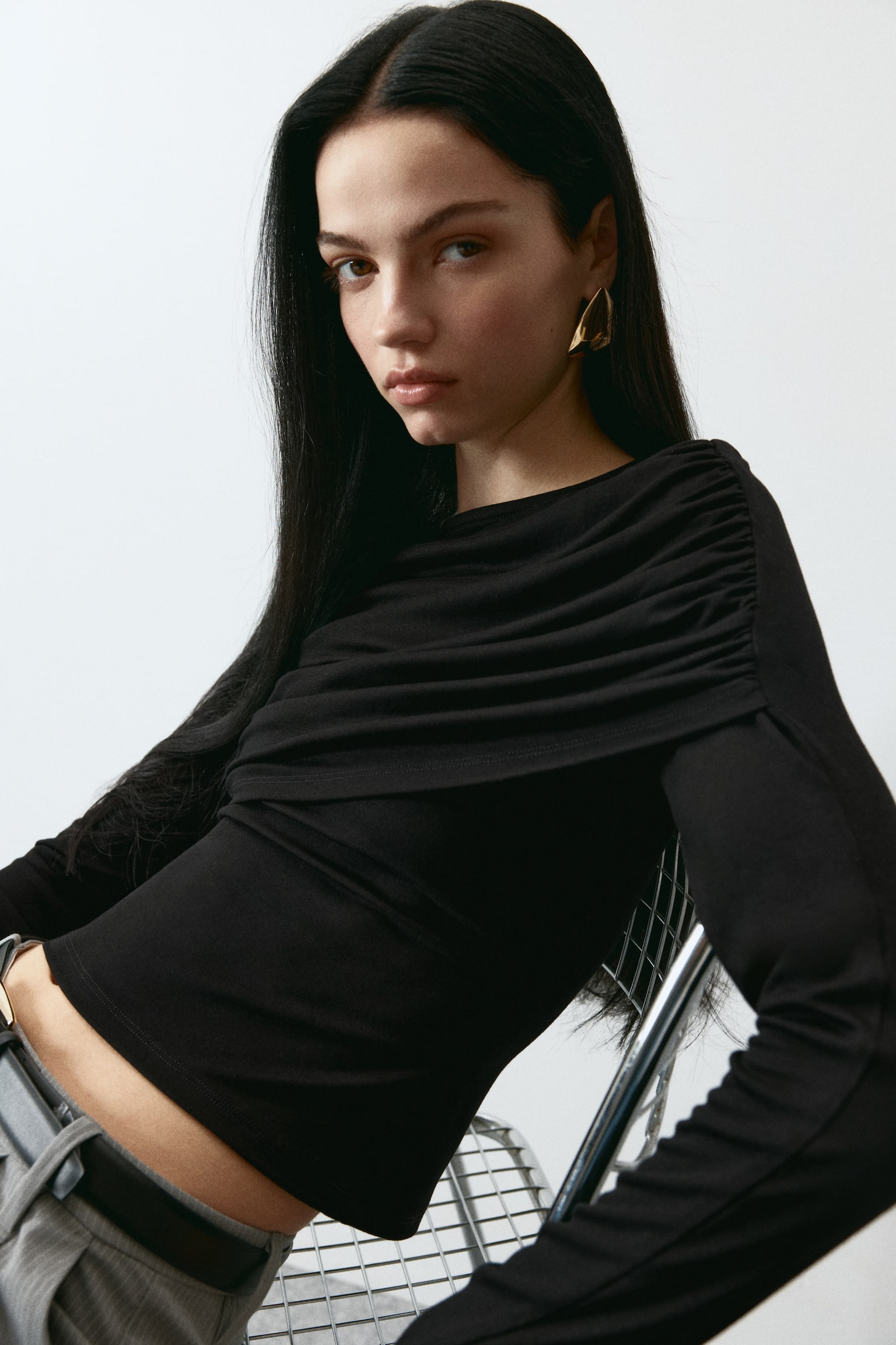 Draped viscose top - Black/Dark grey/Golden olive - 4