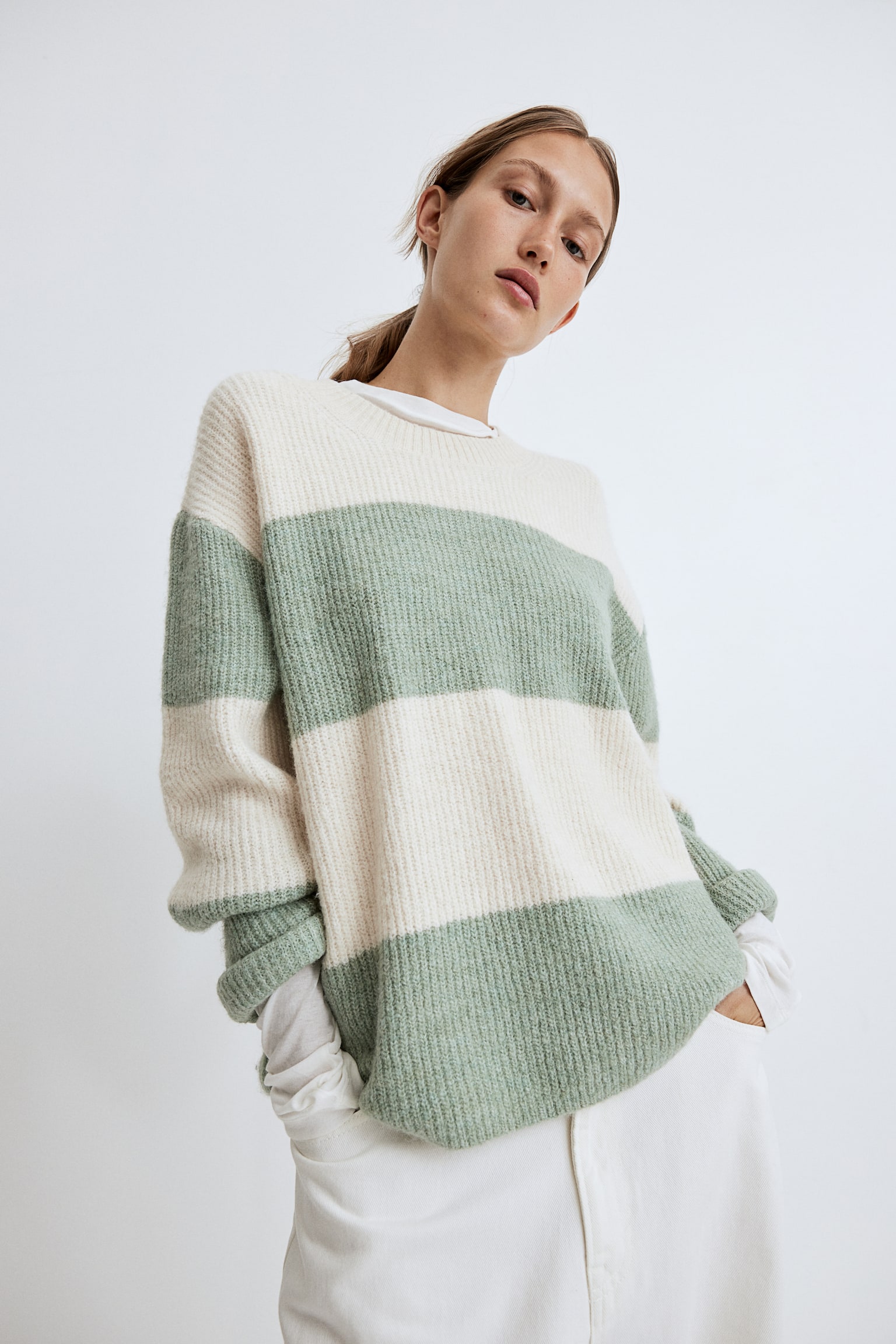 Rib-knit jumper - Light khaki green/Cream/Light beige marl/Light beige/Striped/Navy blue/Striped - 4