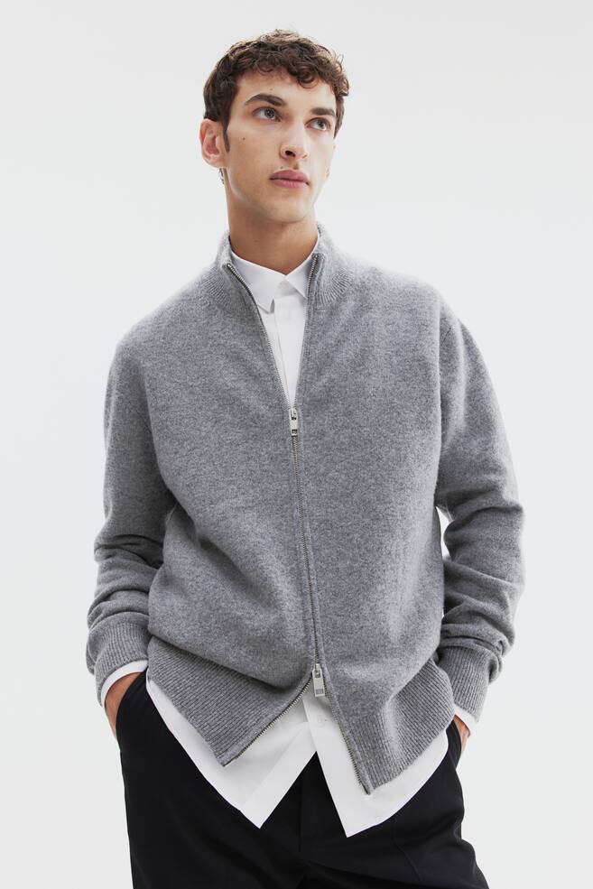 Regular Fit Wool zip-through cardigan - Grey marl/Dark blue - 1