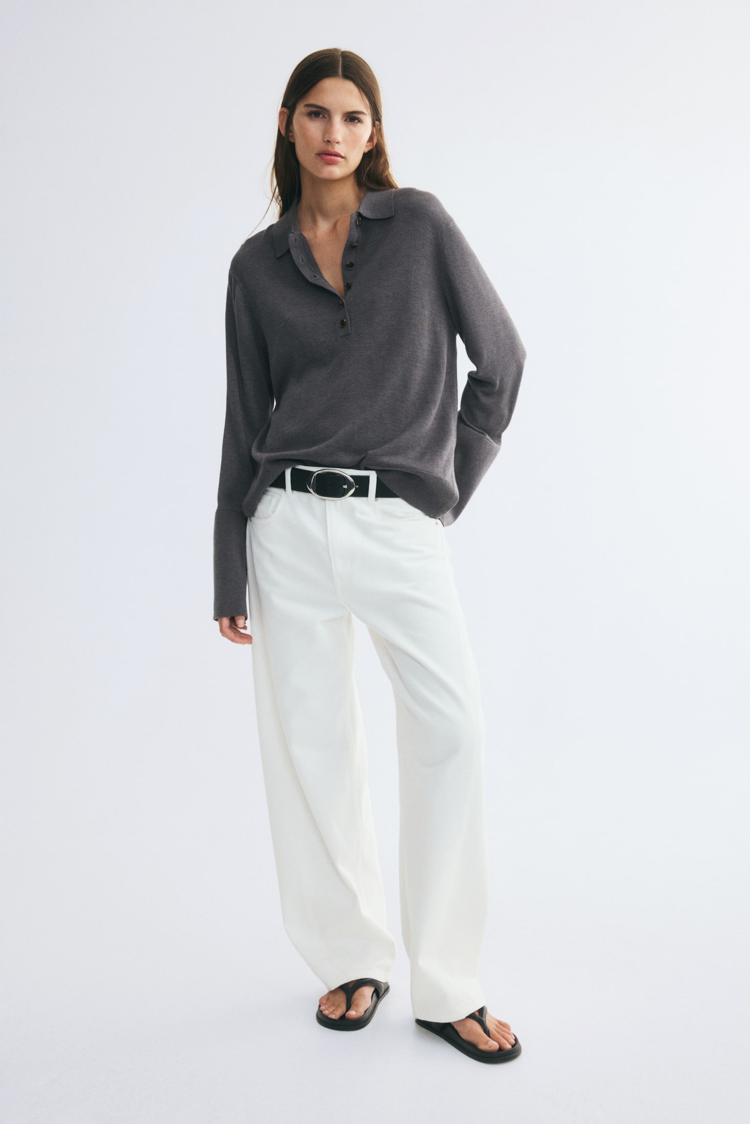 Женское поло H&M Fine-Knit Polo Shirt, цвет: Тёмный серый меланжевый — фото 3