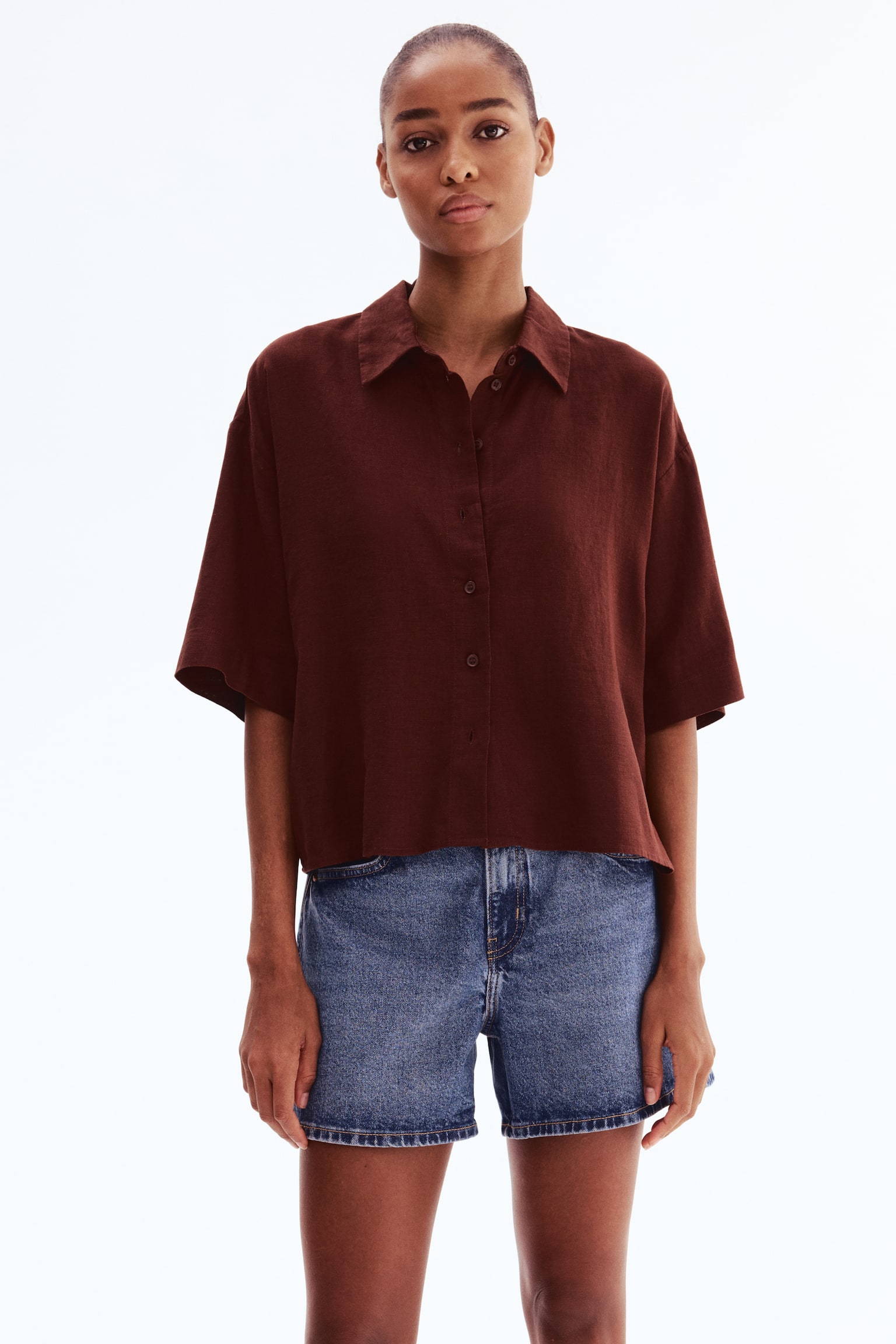 Linen-blend shirt - Dark brown/Bright red - 3