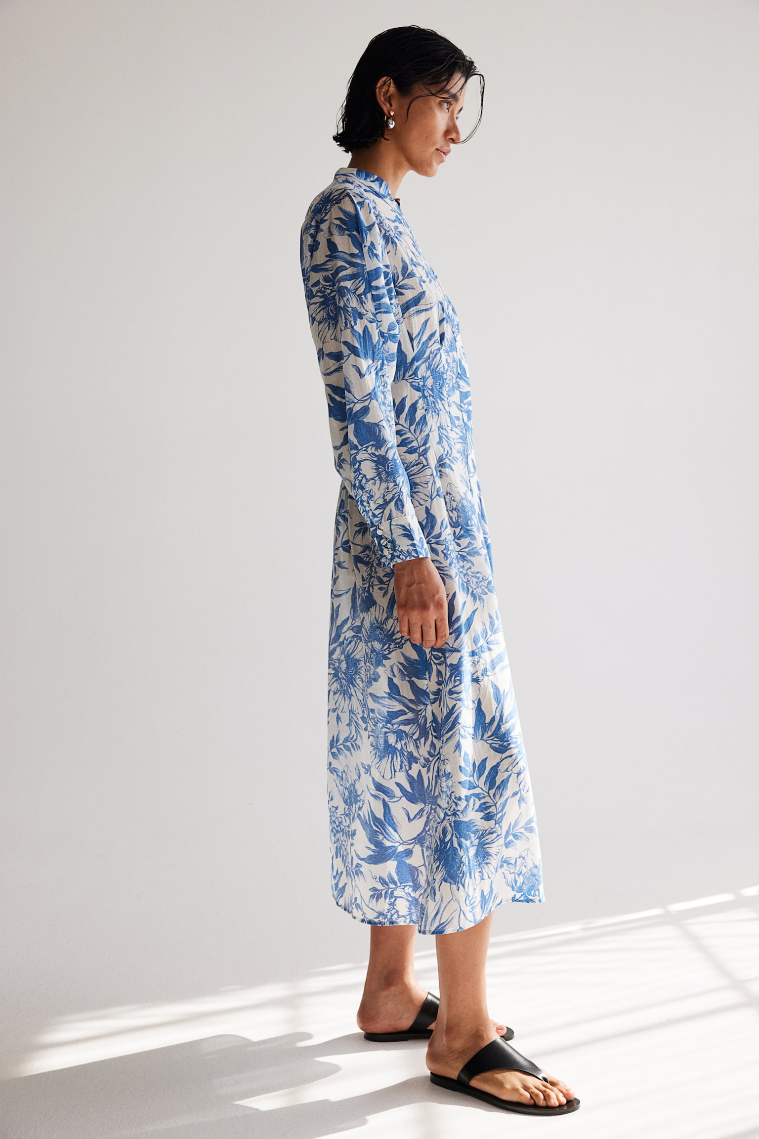 Tie Belt Shirt Dress - White/Blue floral - 7