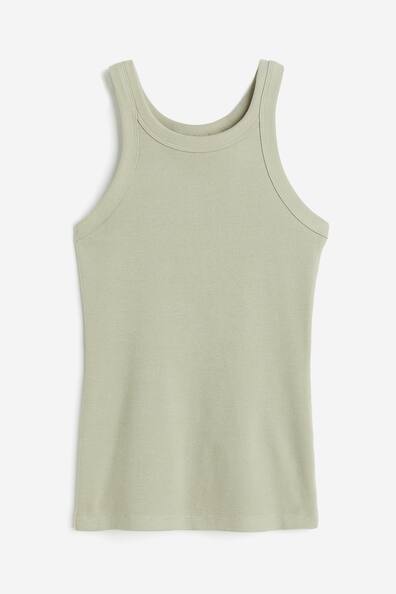 Ribbed Tank Top - Round Neck - Sleeveless - Light khaki green 