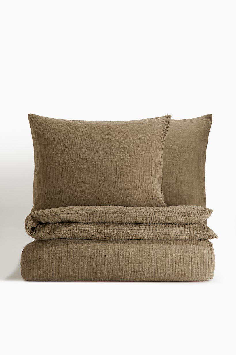 Muslin King/Queen Duvet Cover Set Light khaki green Home All H&M US