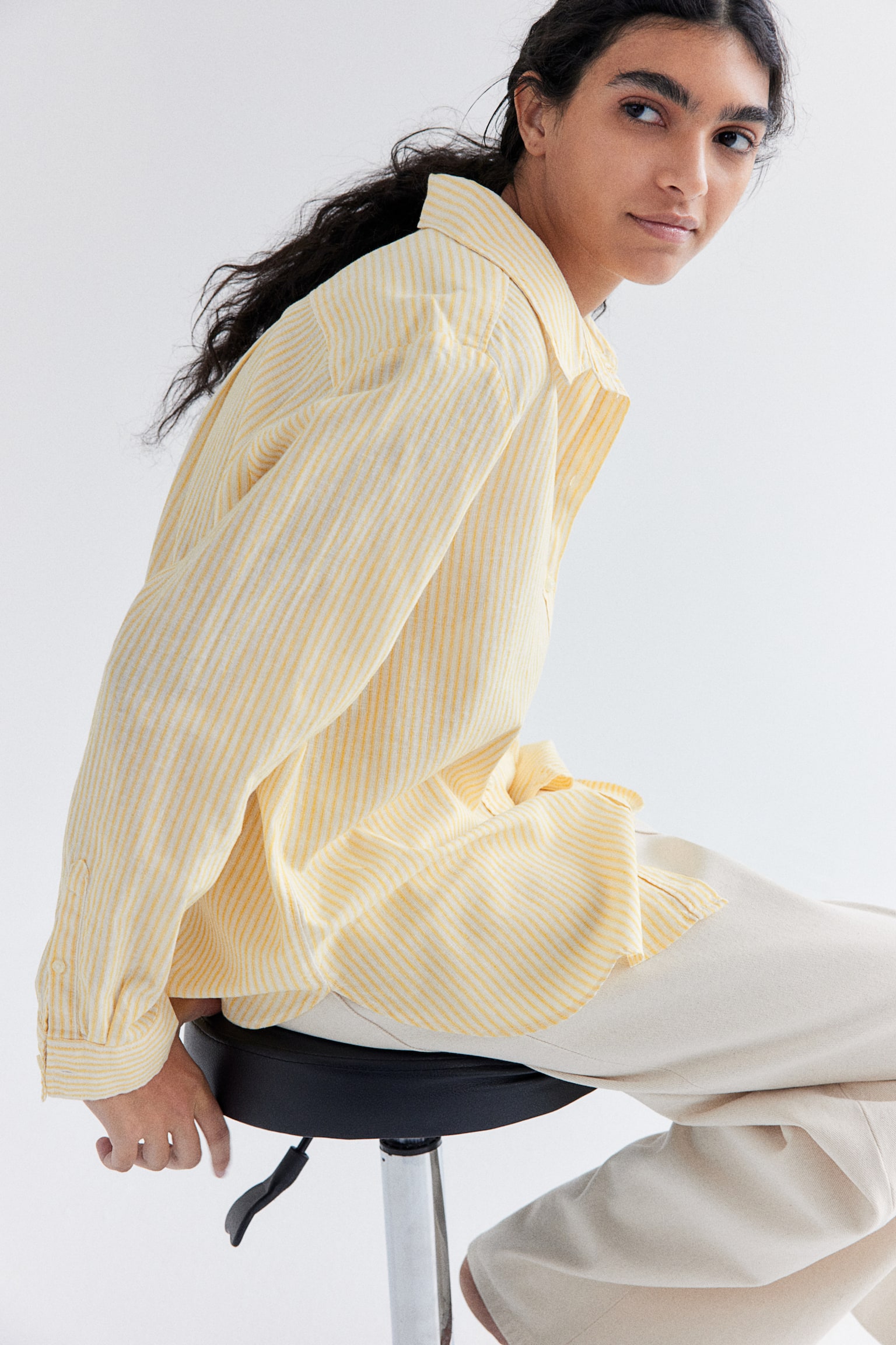 Linen Blend Shirt - Yellow/Stripe/White/Light blue/Light beige/Khaki green/Blue/Bright blue/Black/Blue/White stripe - 1