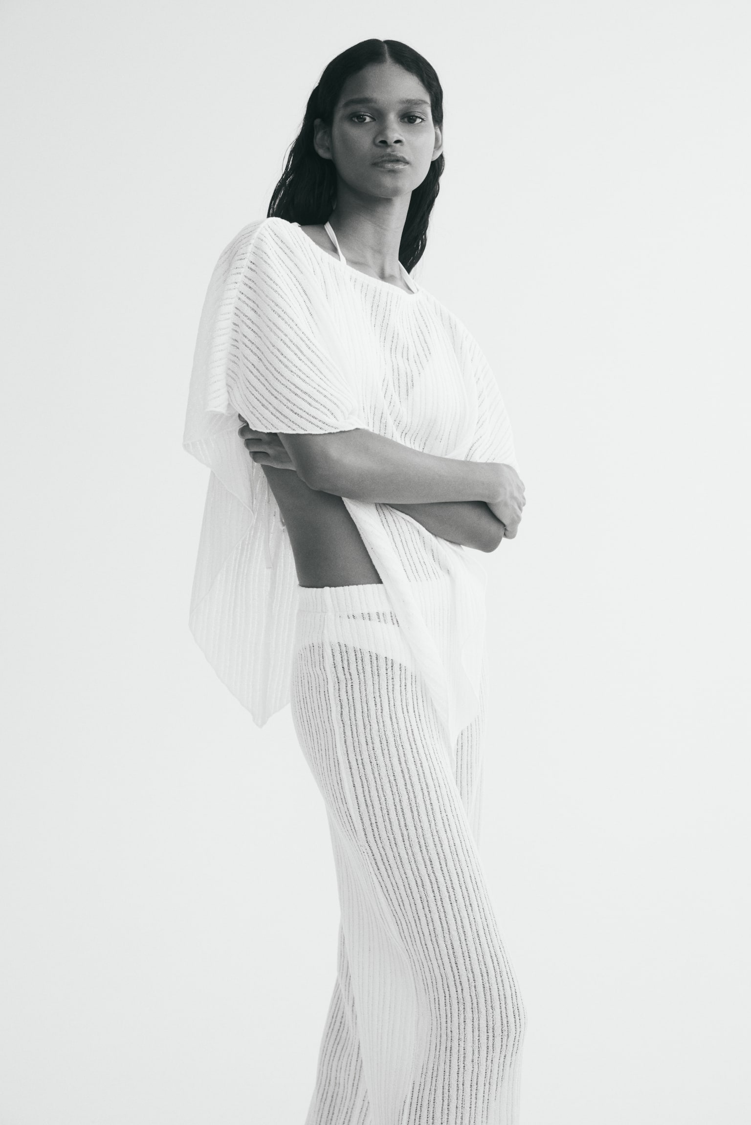 Женская накидка H&M Rib-Knit Cape, цвет: Кремовый — фото 4