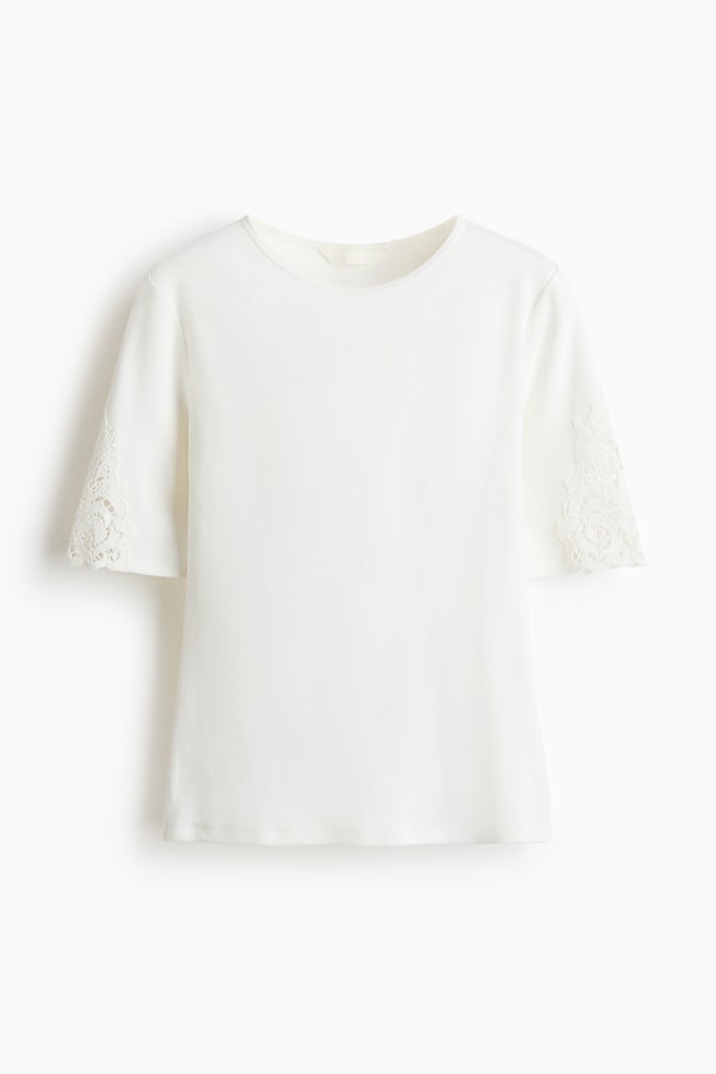 Ribbed Lace-Inset Top - White/Light yellow/Black/Dark brown/Light blue - 1
