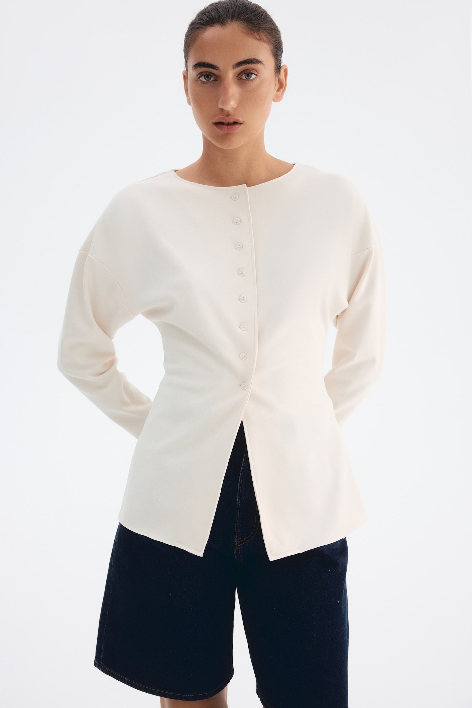 Waisted cardigan - Light beige/Burgundy - 1