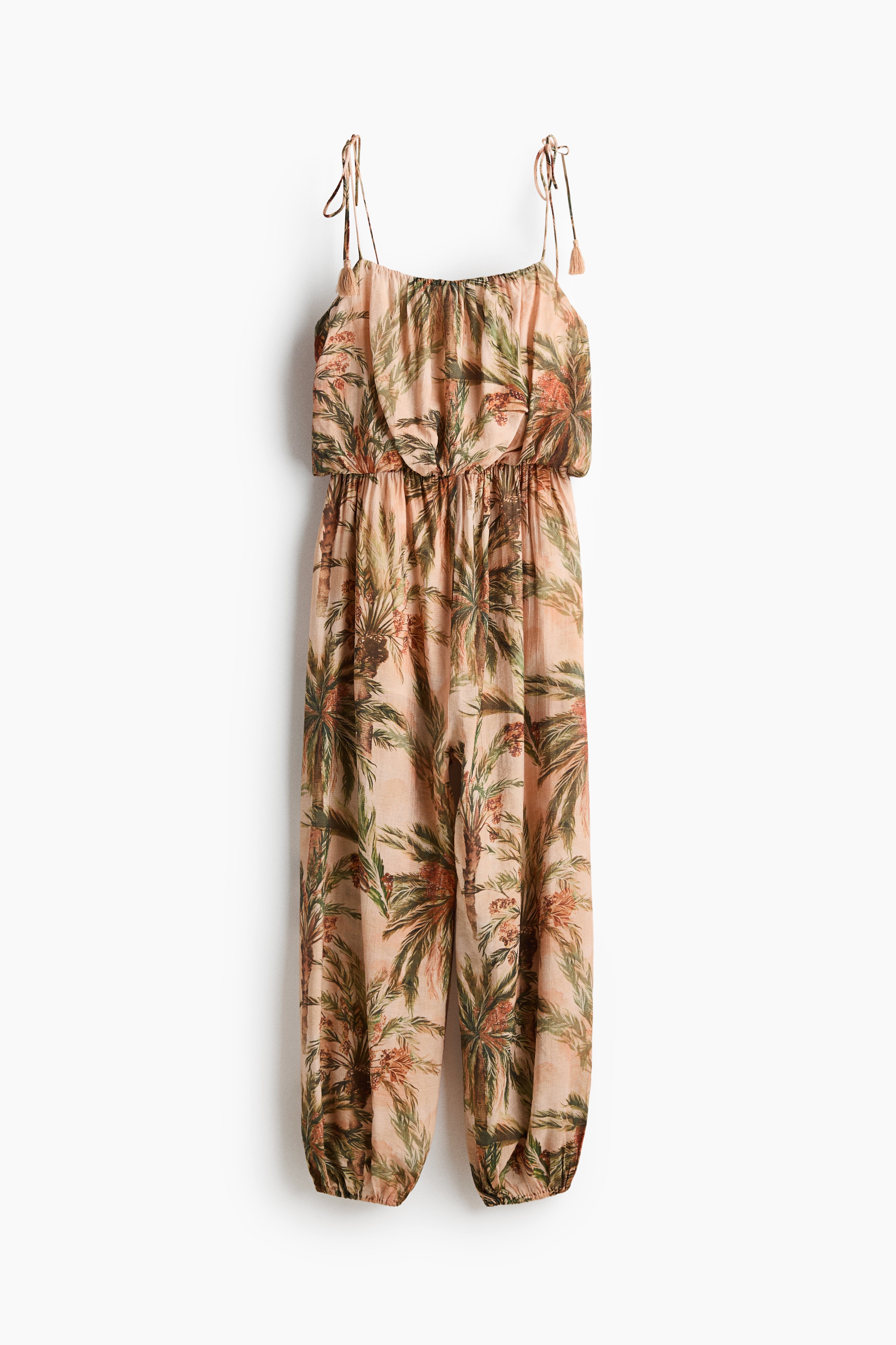 Balloon-Leg Tie-Strap Jumpsuit - Peach pink/patterned