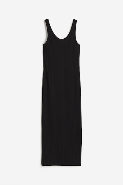 Ribbed Bodycon Dress - Low-cut Neckline - Sleeveless - Black - Ladies ...