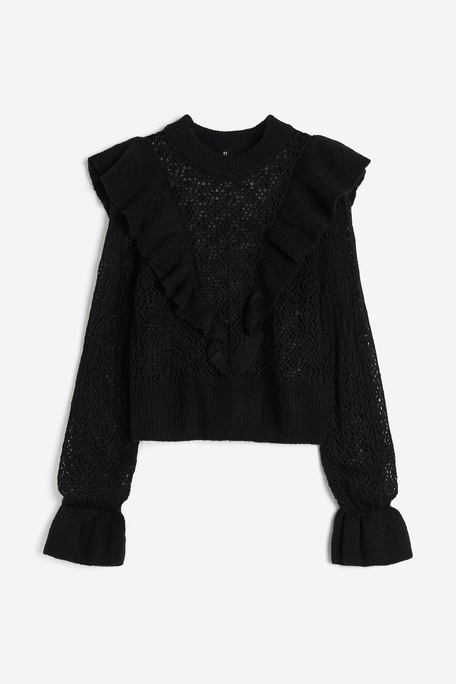 Frill-trimmed pointelle-knit jumper - Black/White/Grey - 1