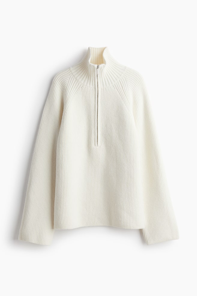 Zip-top rib-knit jumper - Cream/Light beige/Striped - 1