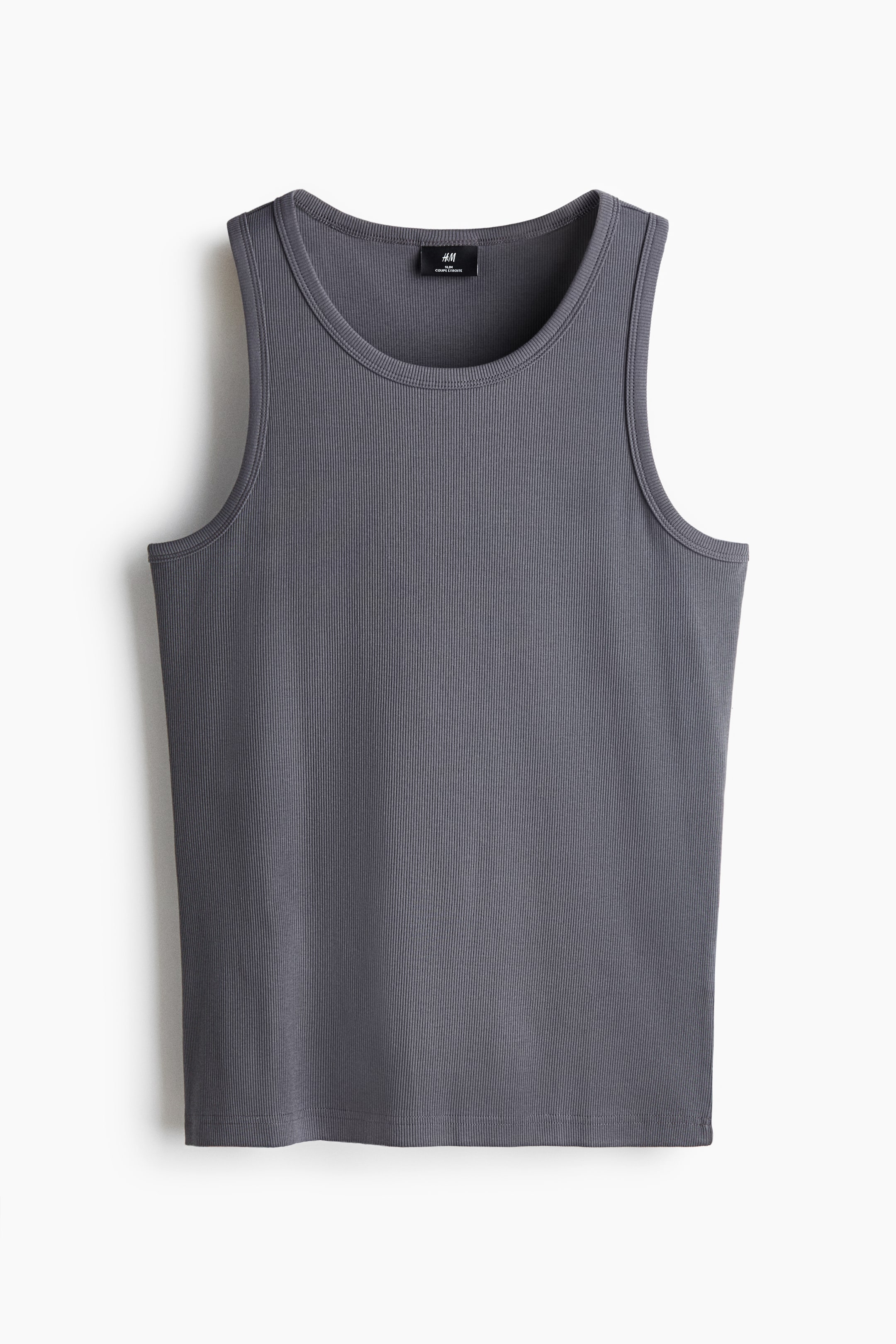 View larger image: A dark gray ribbed vest top is presented FRONT, featuring a round neckline and a straight-cut hem, showcasing its slim silhouette.