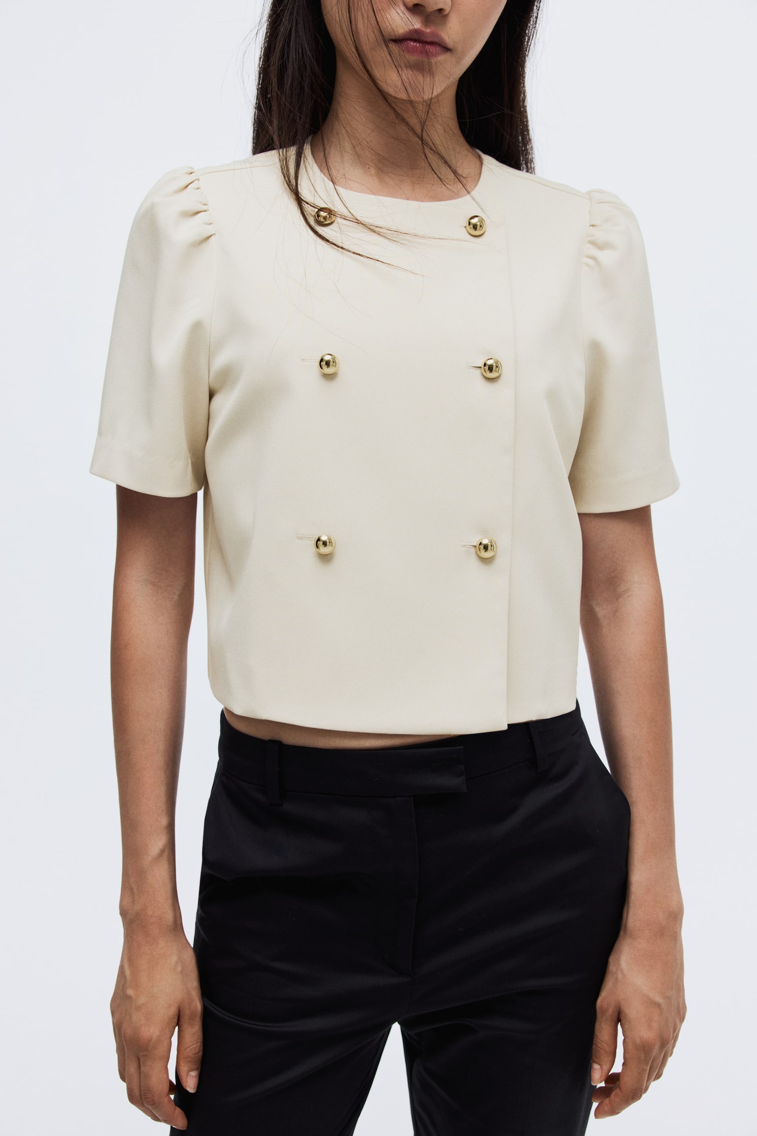 Áo khoác dệt chéo tay bồng - Màu kem - 3