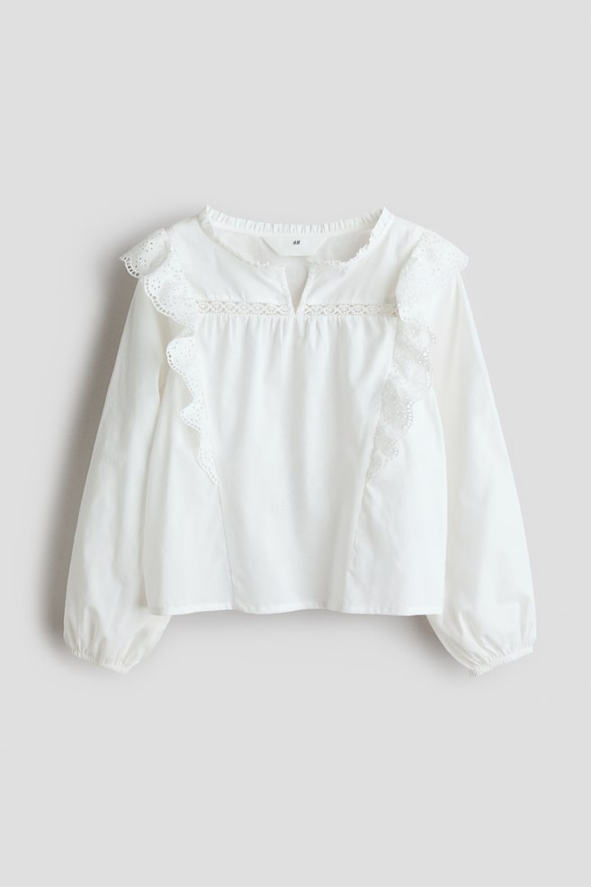 Ruffle-Trimmed Cotton Blouse - White/White/floral/Light blue - 1