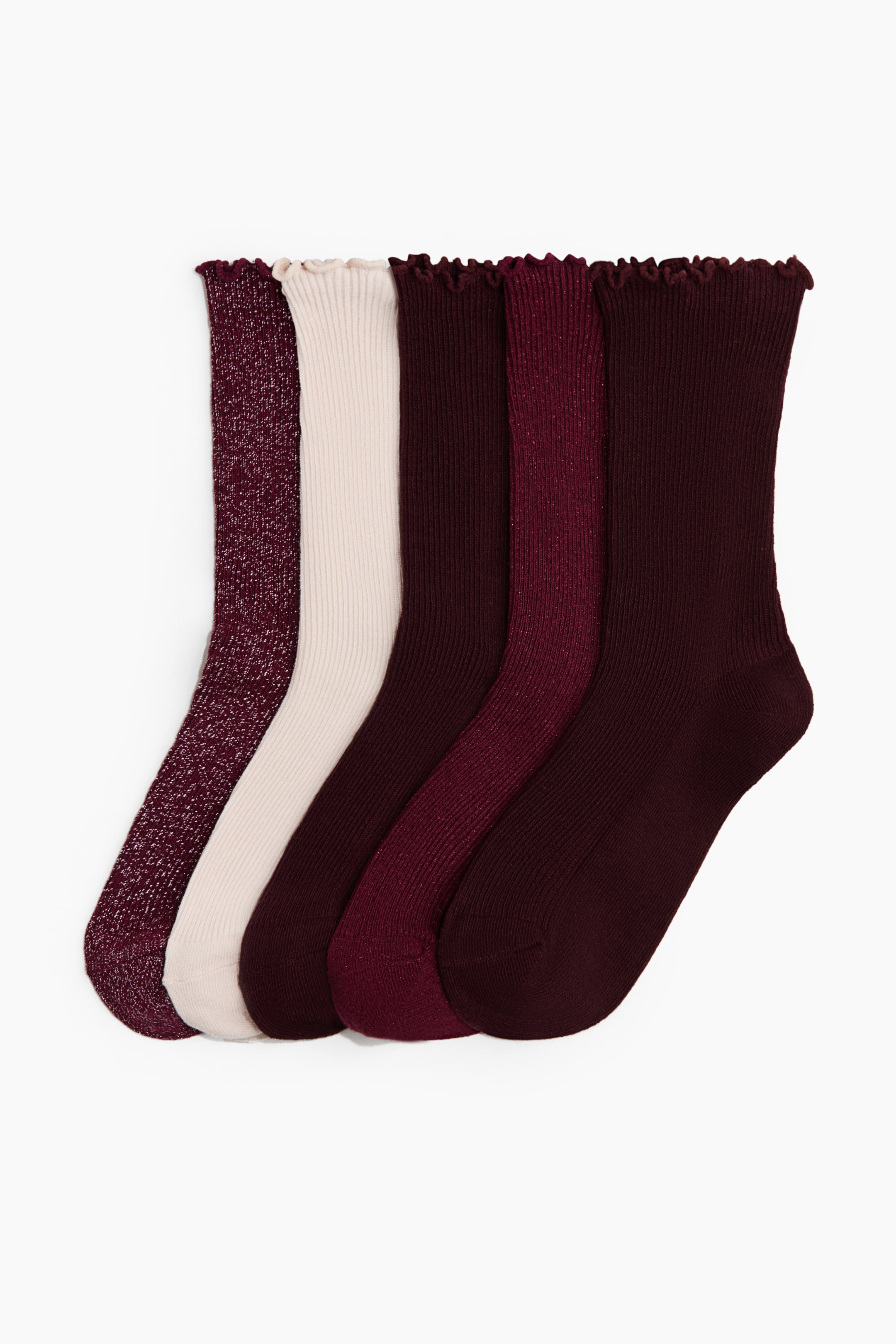 Visualizza l'immagine ingrandita: Cinque calze sono disposte, leggermente sovrapposte e inclinate dall’alto a sinistra verso il basso a destra. Presentano polsini arricciati e texture متنوعة, tra cui maglie a coste tinta unita in bordeaux e crema, una maglia a coste bordeaux scintillante e una maglia bordeaux mélange.