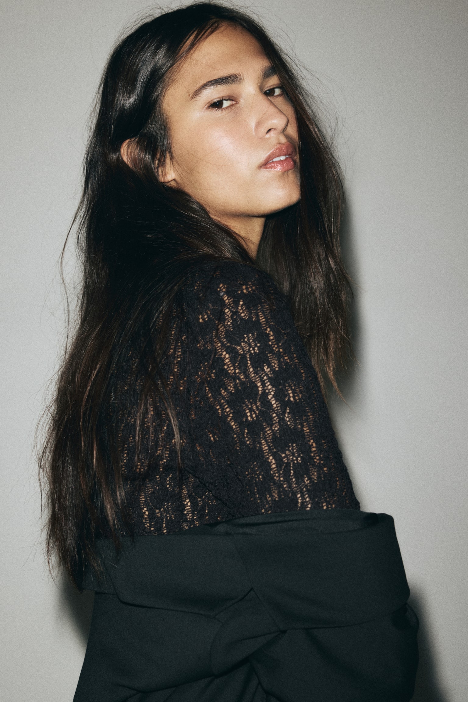 Lace-look jersey top - Black/Light beige/Dark brown - 4